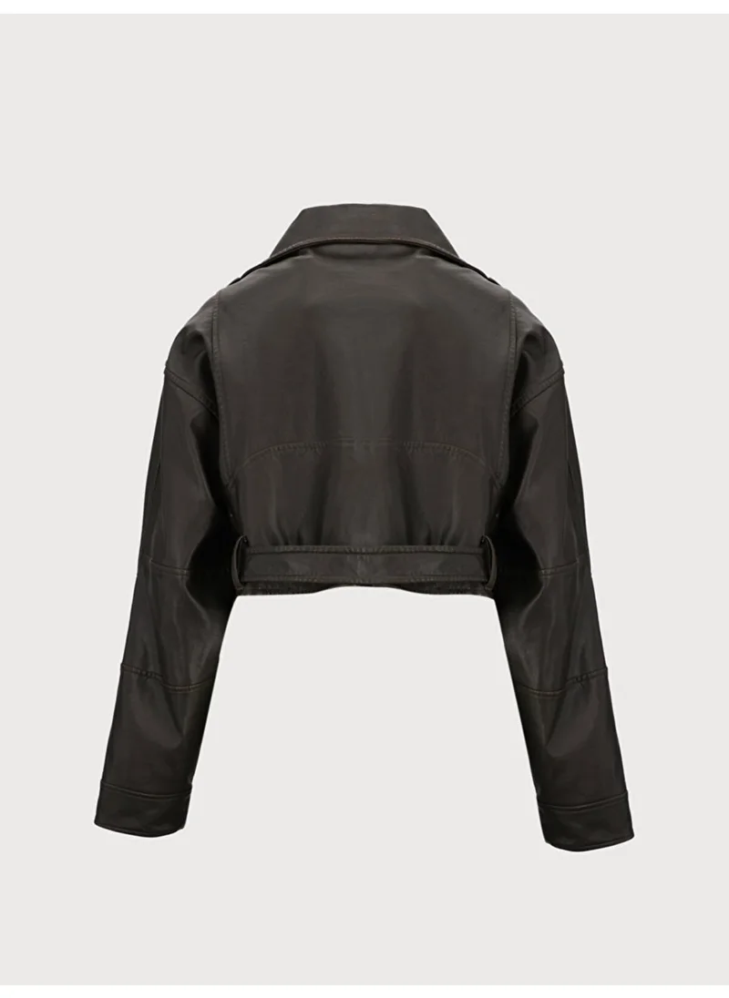 إل تي بي Faded Effect Cuban Collar Zippered Coffee Jacket
