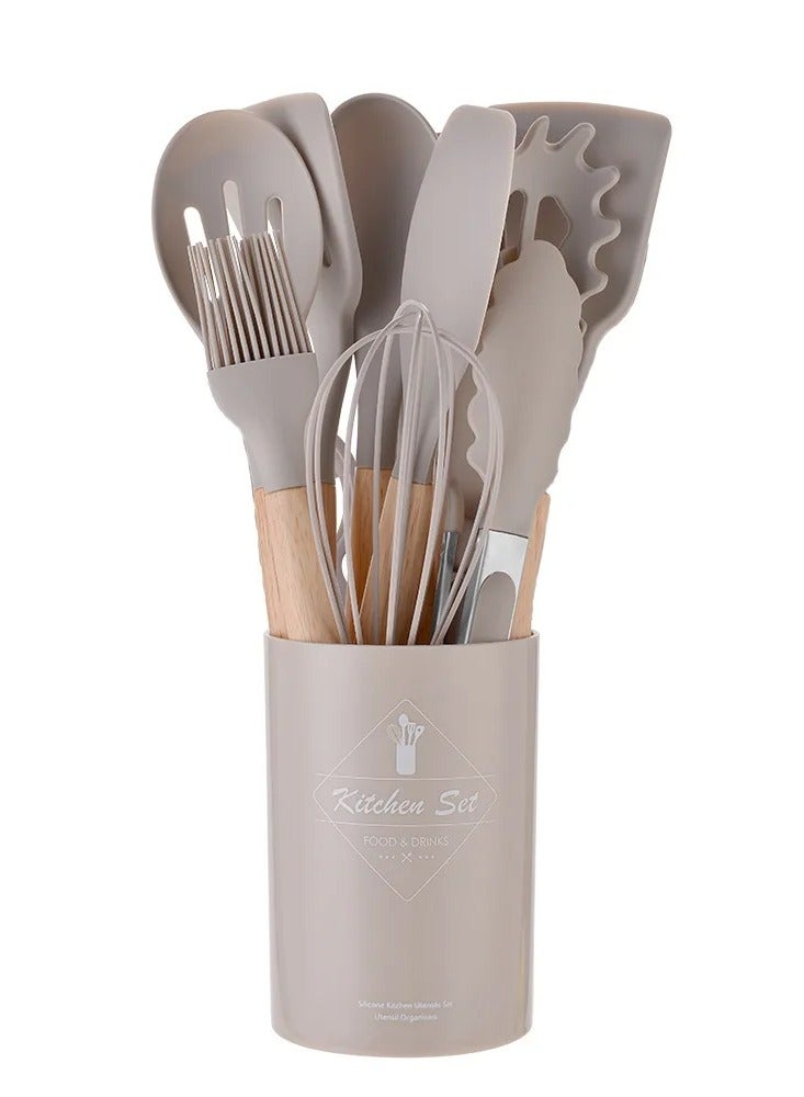 AROAQ Silicone Kitchen Utensils Set With Wooden Handle And Storage Bucket, Heat Resistant Silicone Kitchen Spatulas Set, Khaki 12pc  - Image 1