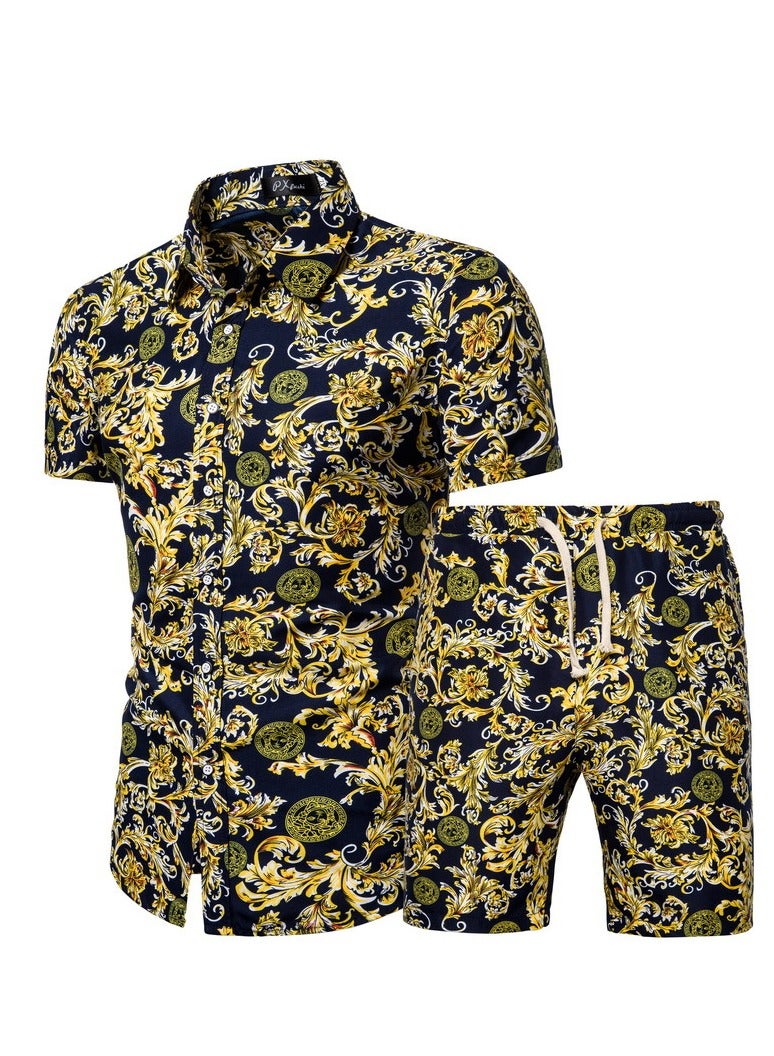 KUYING Men's Short Sleeved Shirt Set, Men's Casual Printed Shirt Shorts Two-piece Set 