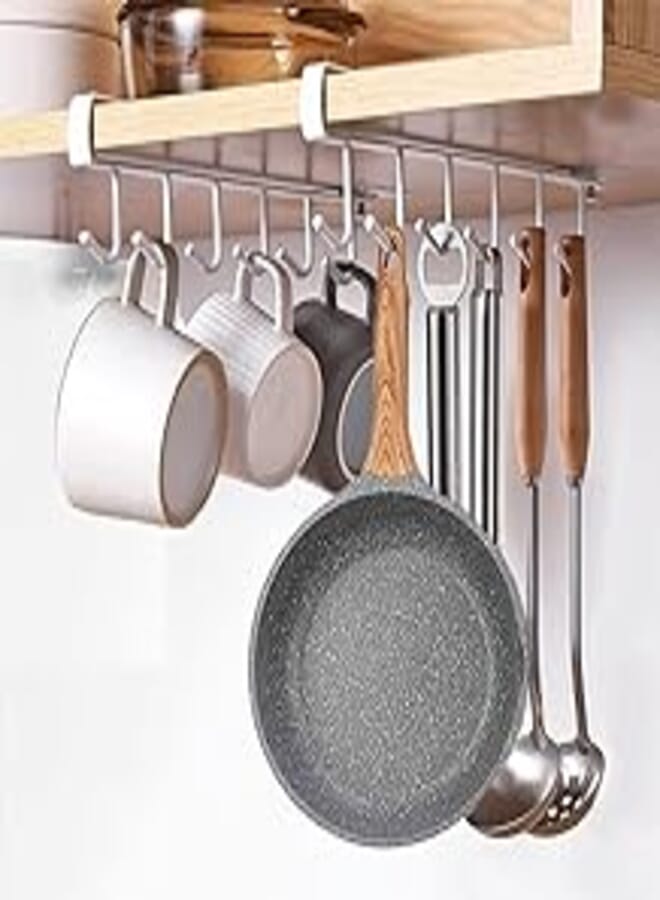 BAIEUEJO Cup Holder, Mug Hooks Under Cupboard, Coffee Hold Cup Rack No Drilling Storage Hooks for Cups/Kitchen Utensils/Ties Belt/Scarf/Key Storage (White)