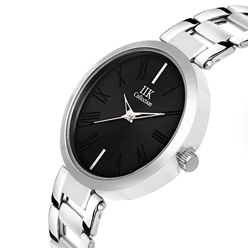 IIK COLLECTION Women Round Studded Dial |Analogue Quartz Movemnet Ladies Watch|Long Battery Life|Stainless Steel Silver Adjustable Bracelet Chain Strap|Double Lock Clasp Safety Watches Black - Image 2