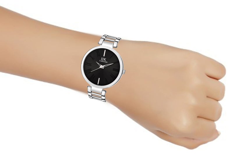 IIK COLLECTION Women Round Studded Dial |Analogue Quartz Movemnet Ladies Watch|Long Battery Life|Stainless Steel Silver Adjustable Bracelet Chain Strap|Double Lock Clasp Safety Watches Black - Image 3