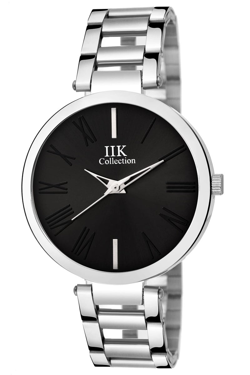 IIK COLLECTION Women Round Studded Dial |Analogue Quartz Movemnet Ladies Watch|Long Battery Life|Stainless Steel Silver Adjustable Bracelet Chain Strap|Double Lock Clasp Safety Watches Black - Image 5