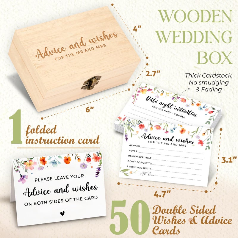 STOFINITY Advice And Wishes For The Mr And Mrs - 50 Pcs Flower Wedding Advice Cards Box, Floral Bridal Shower Games Advice And Wishes Cards For Bride And Groom, Wildflower Bridal Shower Decorations - Image 2