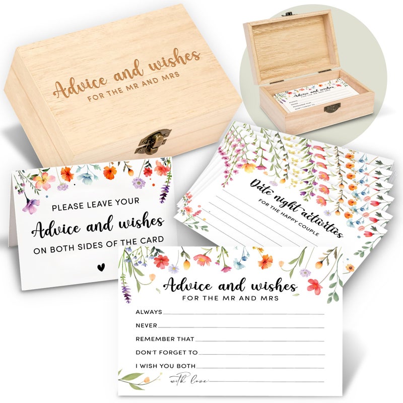 STOFINITY Advice And Wishes For The Mr And Mrs - 50 Pcs Flower Wedding Advice Cards Box, Floral Bridal Shower Games Advice And Wishes Cards For Bride And Groom, Wildflower Bridal Shower Decorations - Image 1