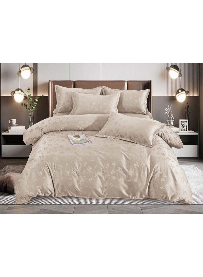 Luxury Silk Comforter Set King Size 6 Pieces, Ultra Soft Bedding Set with 1 Comforter, 1 Fitted Sheet and 4 Pillowcases, Elegant Champagne Beige Jacquard Design