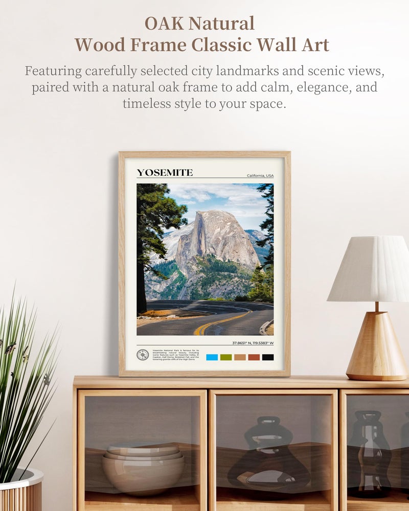 HesenDot Natural OAK Wood Yosemite National Park Framed Wall Art,12x16in Natural Scenery Canvas Wall Print,Classic Urban Landmark Wall Decor for Living Room,Bedroom,Office Gallery Gifts Set of 1 - Image 2
