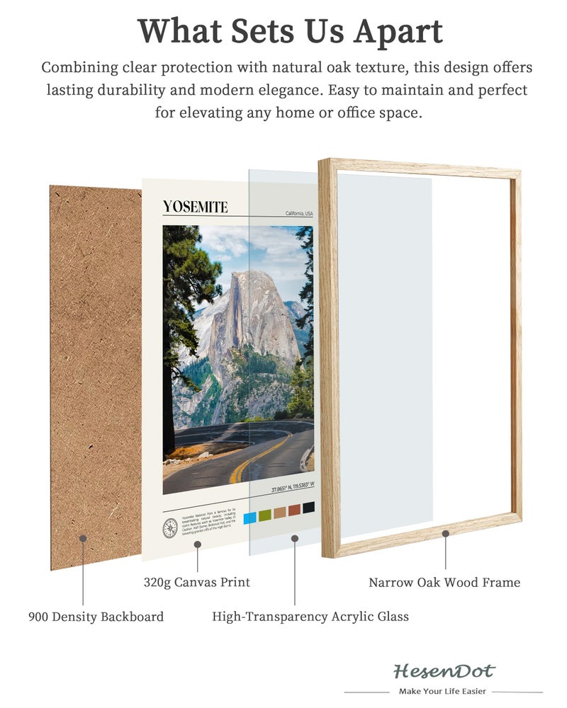 HesenDot Natural OAK Wood Yosemite National Park Framed Wall Art,12x16in Natural Scenery Canvas Wall Print,Classic Urban Landmark Wall Decor for Living Room,Bedroom,Office Gallery Gifts Set of 1 - Image 4