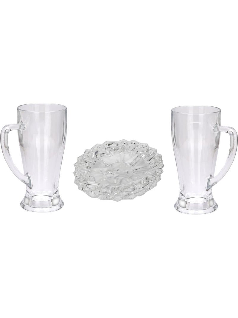 Somil Combo Set of 2 Beer Glasses and 1 Snack Plate Transparent Glass Set of 3 Glass Size 7 X 11 X 15 Cm Plate Size 175 X 175 X 25 Cm - Image 1