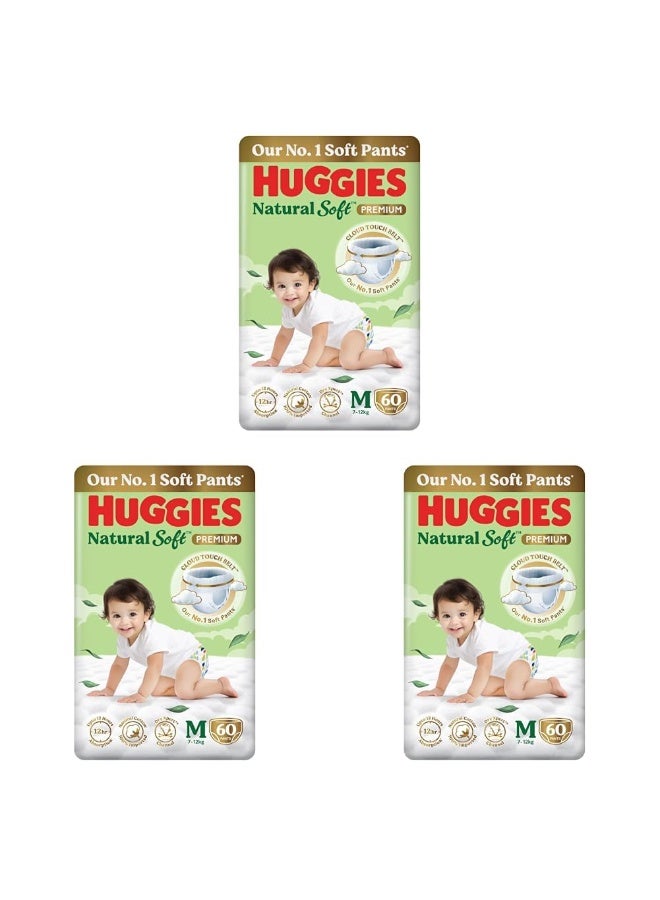 Huggies Natural Soft Premium Baby Diaper Pants, Our No.1 Soft Pants, Medium (M) Size (7-12 Kgs), Pack of 60*3 diapers | Cloud Softness All over with India's 1st Cloud Touch Belt - Image 1