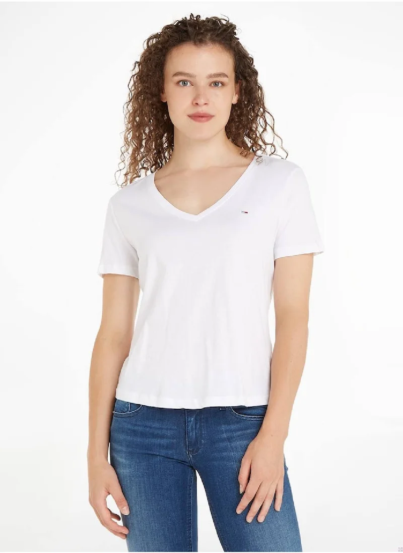 TOMMY JEANS Women's Slim Soft V Neck T-Shirt, White