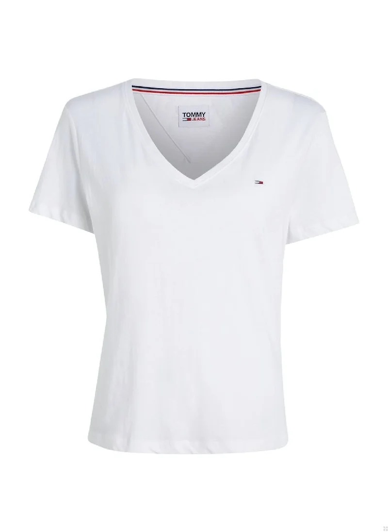 TOMMY JEANS Women's Slim Soft V Neck T-Shirt, White