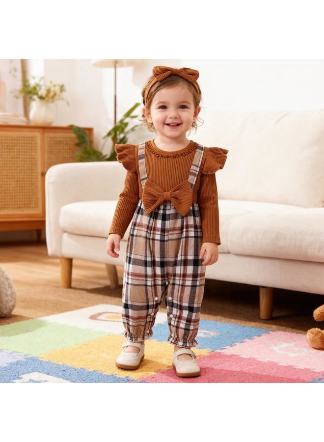 FOCUTEBB New Born Clothes Baby Girl Baby Girl Infant Girl Fall Winter Outfits Long Sleeve Bodysuit Cute Ruffle Plaid Romper One Piece Jumpsuit + Headband 2pcs Set Brown 3-6 Months - Image 2