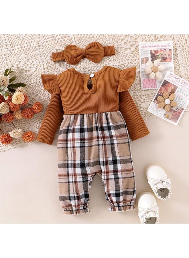 FOCUTEBB New Born Clothes Baby Girl Baby Girl Infant Girl Fall Winter Outfits Long Sleeve Bodysuit Cute Ruffle Plaid Romper One Piece Jumpsuit + Headband 2pcs Set Brown 3-6 Months - Image 3