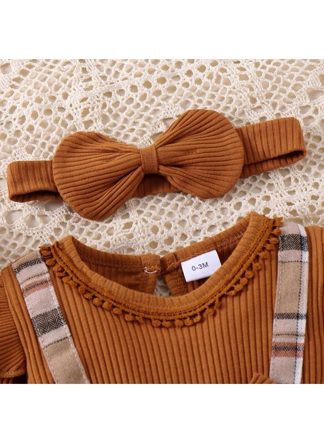 FOCUTEBB New Born Clothes Baby Girl Baby Girl Infant Girl Fall Winter Outfits Long Sleeve Bodysuit Cute Ruffle Plaid Romper One Piece Jumpsuit + Headband 2pcs Set Brown 3-6 Months - Image 4