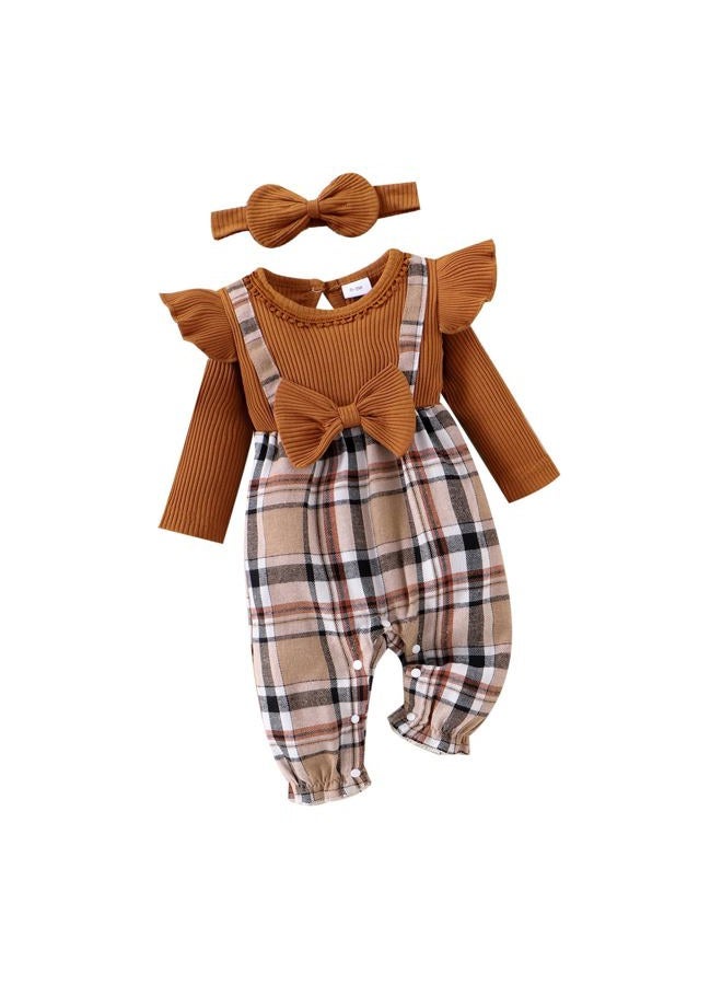 FOCUTEBB New Born Clothes Baby Girl Baby Girl Infant Girl Fall Winter Outfits Long Sleeve Bodysuit Cute Ruffle Plaid Romper One Piece Jumpsuit + Headband 2pcs Set Brown 3-6 Months - Image 1