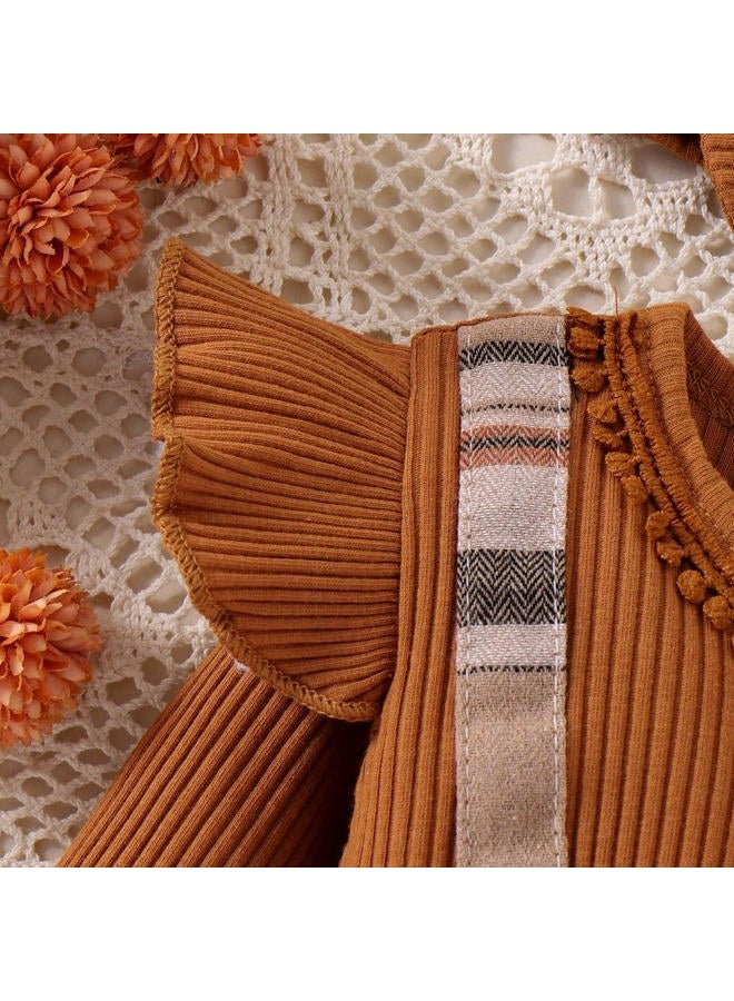 FOCUTEBB New Born Clothes Baby Girl Baby Girl Infant Girl Fall Winter Outfits Long Sleeve Bodysuit Cute Ruffle Plaid Romper One Piece Jumpsuit + Headband 2pcs Set Brown 3-6 Months - Image 5