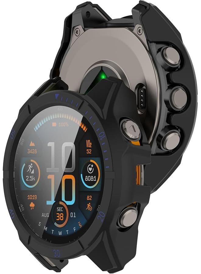 دادو حافظة + واقي شاشة متوافق مع ساعة Garmin Fenix 8 الذكية حافظة بلاستيكية واقية بالكامل باللون الأسود والأزرق 51 مم - Image 2