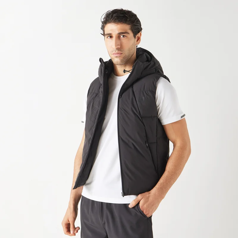 ADOT by Splash Solid Sleeveless Hooded Puffer Jacket with Pockets and Zip Closure