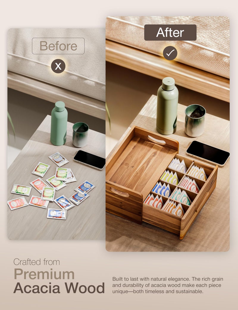 Tinamo Acacia Wooden Tea Box Organizer with Drawer â€“ Tea Chest for Tea Bags Storage â€“ Tea and Coffee Organizer - Wooden Tea Tray and Containers for Countertop Display (Acacia) - Image 4