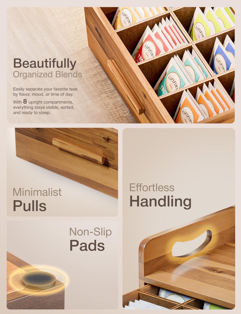 Tinamo Acacia Wooden Tea Box Organizer with Drawer â€“ Tea Chest for Tea Bags Storage â€“ Tea and Coffee Organizer - Wooden Tea Tray and Containers for Countertop Display (Acacia) - Image 3