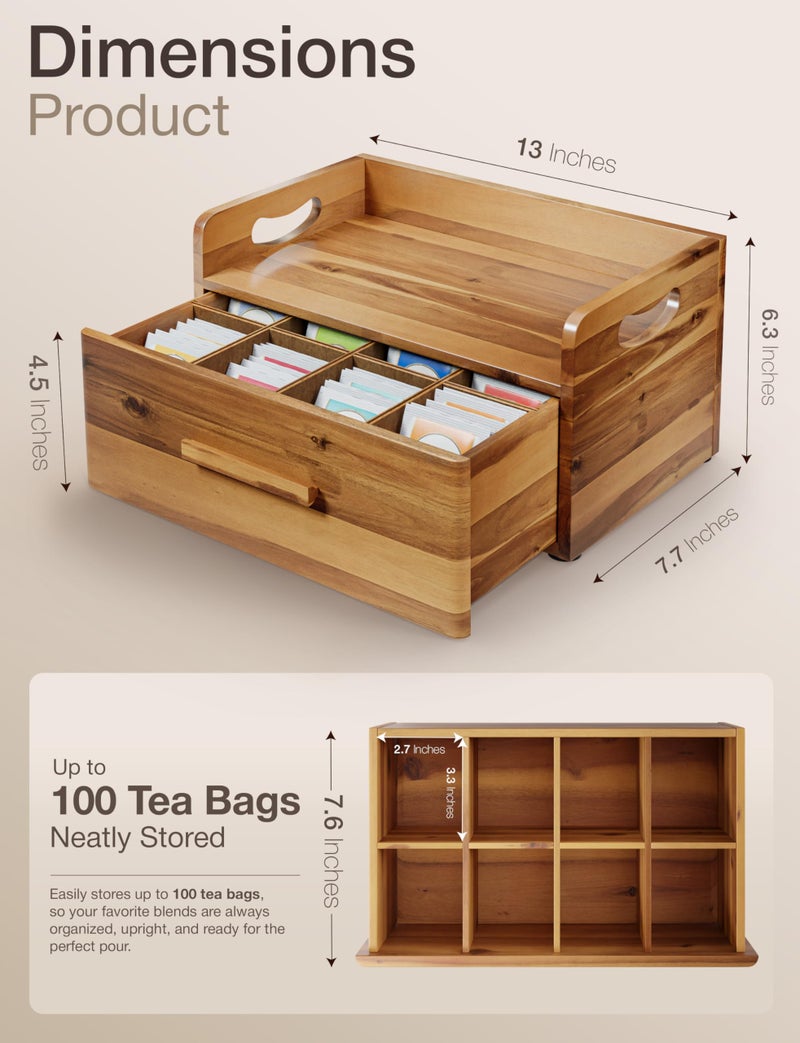 Tinamo Acacia Wooden Tea Box Organizer with Drawer â€“ Tea Chest for Tea Bags Storage â€“ Tea and Coffee Organizer - Wooden Tea Tray and Containers for Countertop Display (Acacia) - Image 2