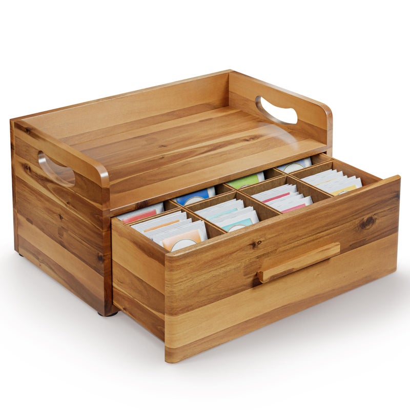 Tinamo Acacia Wooden Tea Box Organizer with Drawer â€“ Tea Chest for Tea Bags Storage â€“ Tea and Coffee Organizer - Wooden Tea Tray and Containers for Countertop Display (Acacia) - Image 1