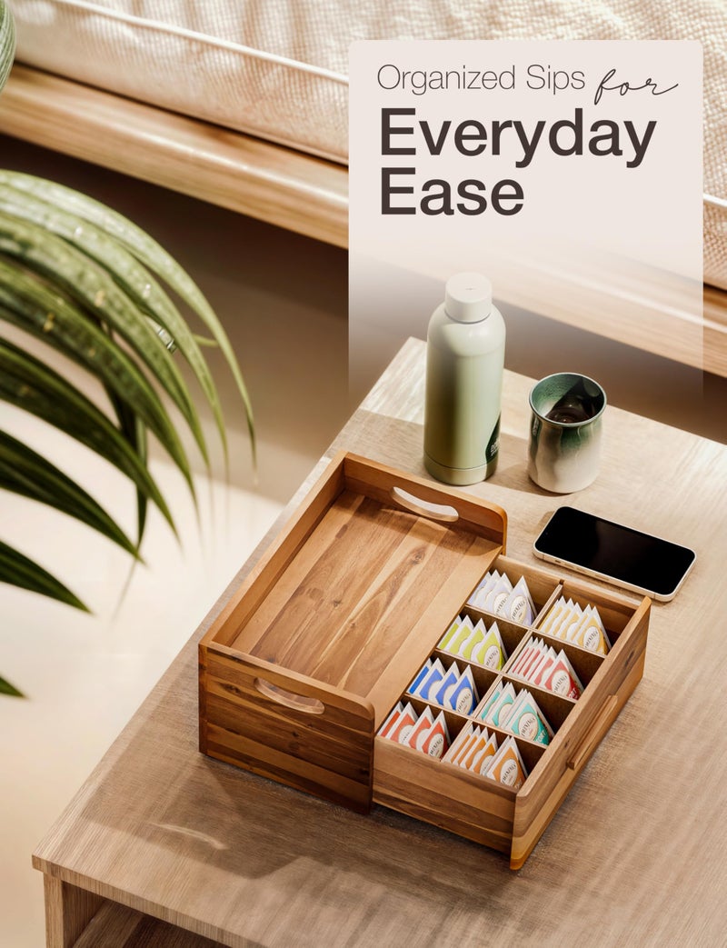Tinamo Acacia Wooden Tea Box Organizer with Drawer â€“ Tea Chest for Tea Bags Storage â€“ Tea and Coffee Organizer - Wooden Tea Tray and Containers for Countertop Display (Acacia) - Image 5