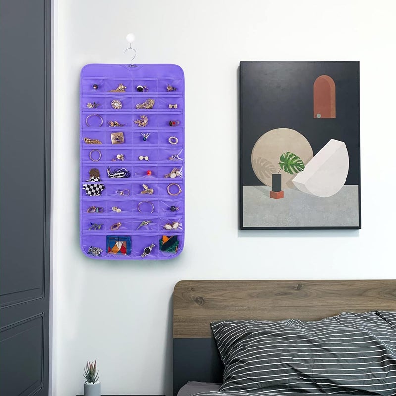 Bloss Hanging Jewelry Organizer, 80 Pockets Dual Sides Wall Jewelry Organizer Storage Dorm Room Essentials for Girls Necklace Organize And Earring Holder Hang on Closet/Door (Purple) - Image 1