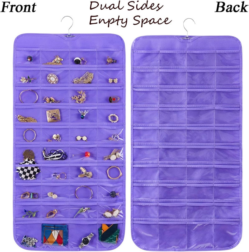 Bloss Hanging Jewelry Organizer, 80 Pockets Dual Sides Wall Jewelry Organizer Storage Dorm Room Essentials for Girls Necklace Organize And Earring Holder Hang on Closet/Door (Purple) - Image 3