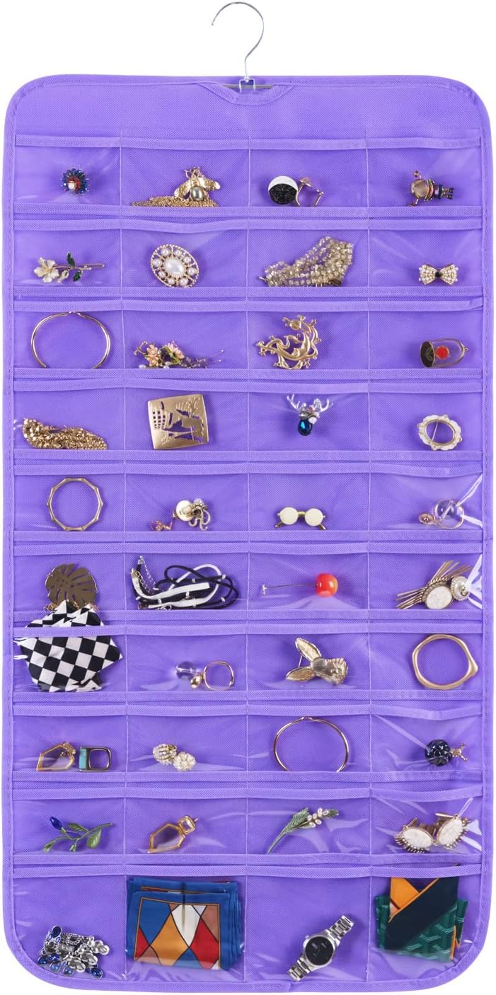 Bloss Hanging Jewelry Organizer, 80 Pockets Dual Sides Wall Jewelry Organizer Storage Dorm Room Essentials for Girls Necklace Organize And Earring Holder Hang on Closet/Door (Purple) - Image 1