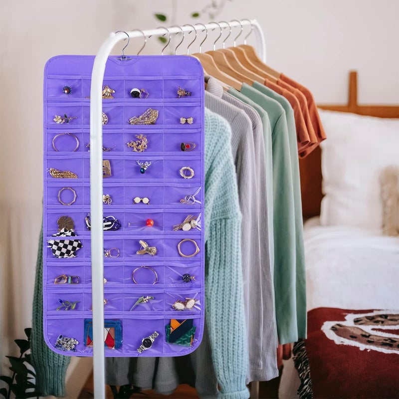 Bloss Hanging Jewelry Organizer, 80 Pockets Dual Sides Wall Jewelry Organizer Storage Dorm Room Essentials for Girls Necklace Organize And Earring Holder Hang on Closet/Door (Purple) - Image 4