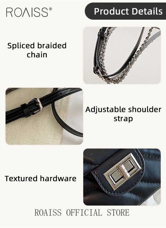 Women Classic Shoulder Bag Ripple Horizontal Rectangle Crossbody Bag Ladies Solid Color Timeless Versatile Elegant Chain Bag Suitable for Commuting and Daily Use Black