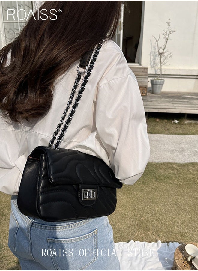 Women Classic Shoulder Bag Ripple Horizontal Rectangle Crossbody Bag Ladies Solid Color Timeless Versatile Elegant Chain Bag Suitable for Commuting and Daily Use Black