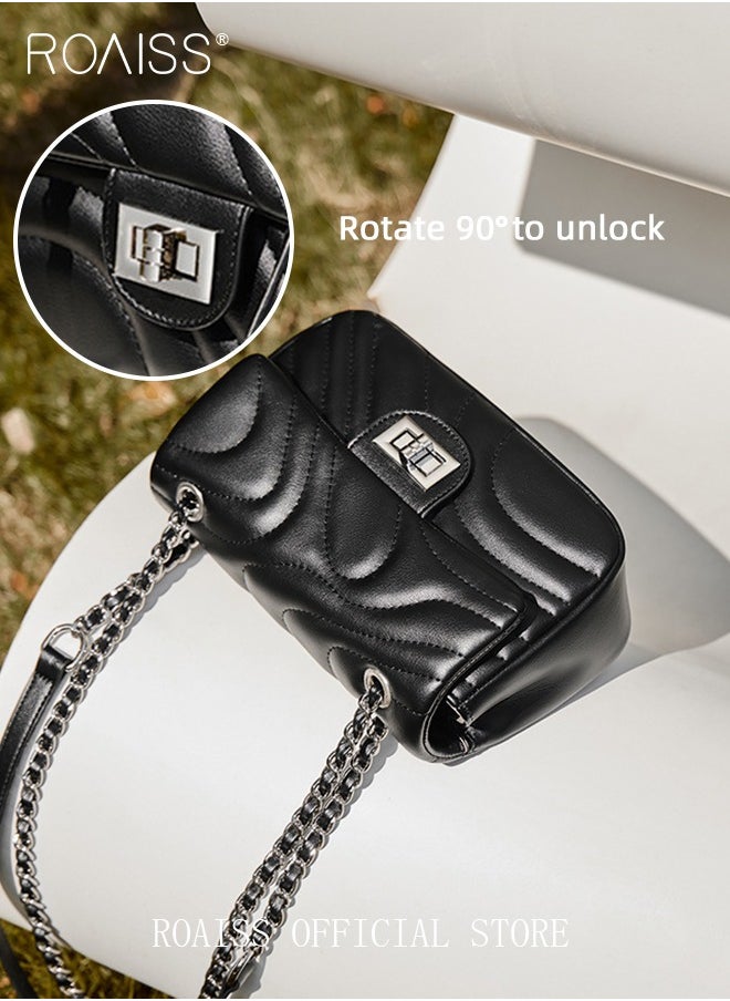 Women Classic Shoulder Bag Ripple Horizontal Rectangle Crossbody Bag Ladies Solid Color Timeless Versatile Elegant Chain Bag Suitable for Commuting and Daily Use Black