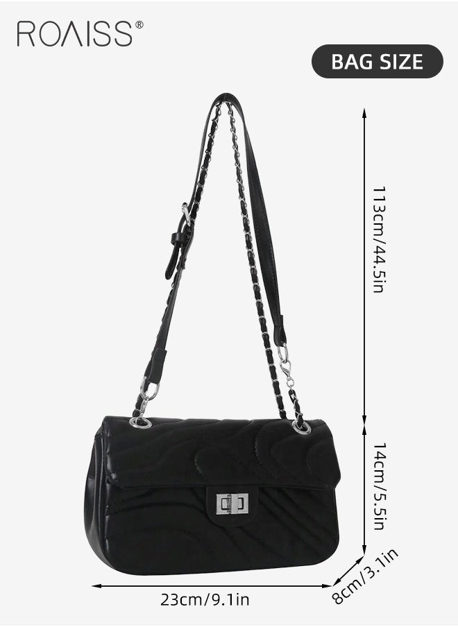 Women Classic Shoulder Bag Ripple Horizontal Rectangle Crossbody Bag Ladies Solid Color Timeless Versatile Elegant Chain Bag Suitable for Commuting and Daily Use Black