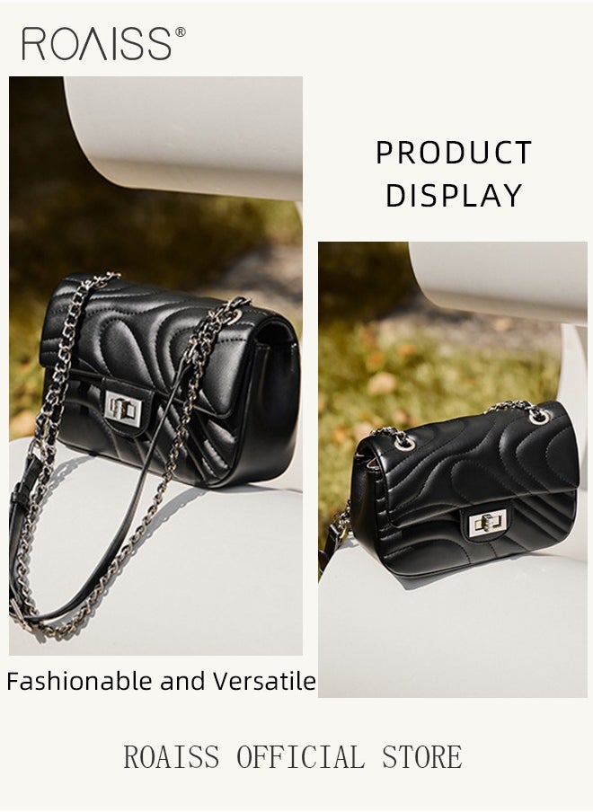 Women Classic Shoulder Bag Ripple Horizontal Rectangle Crossbody Bag Ladies Solid Color Timeless Versatile Elegant Chain Bag Suitable for Commuting and Daily Use Black