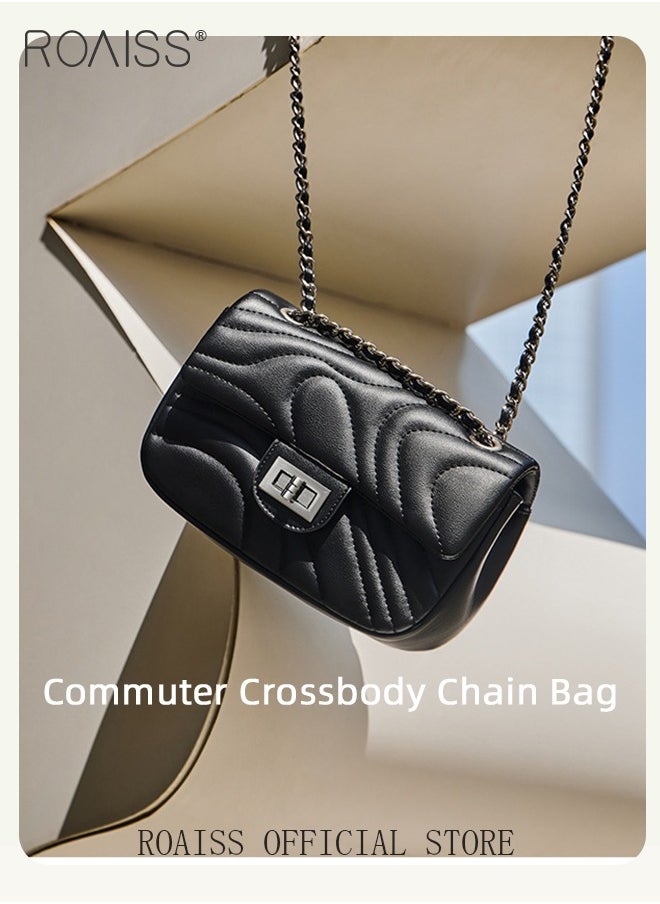 Women Classic Shoulder Bag Ripple Horizontal Rectangle Crossbody Bag Ladies Solid Color Timeless Versatile Elegant Chain Bag Suitable for Commuting and Daily Use Black