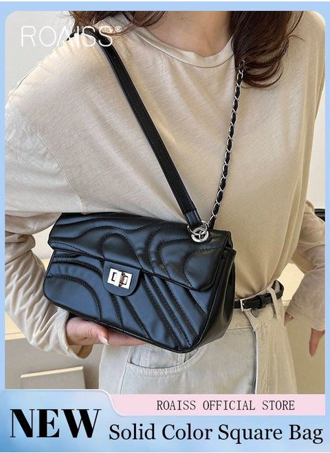 Women Classic Shoulder Bag Ripple Horizontal Rectangle Crossbody Bag Ladies Solid Color Timeless Versatile Elegant Chain Bag Suitable for Commuting and Daily Use Black
