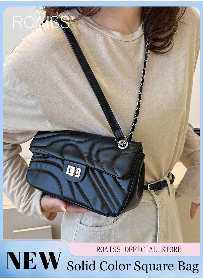 Women Classic Shoulder Bag Ripple Horizontal Rectangle Crossbody Bag Ladies Solid Color Timeless Versatile Elegant Chain Bag Suitable for Commuting and Daily Use Black