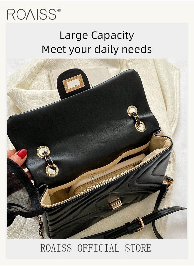 Women Classic Shoulder Bag Ripple Horizontal Rectangle Crossbody Bag Ladies Solid Color Timeless Versatile Elegant Chain Bag Suitable for Commuting and Daily Use Black