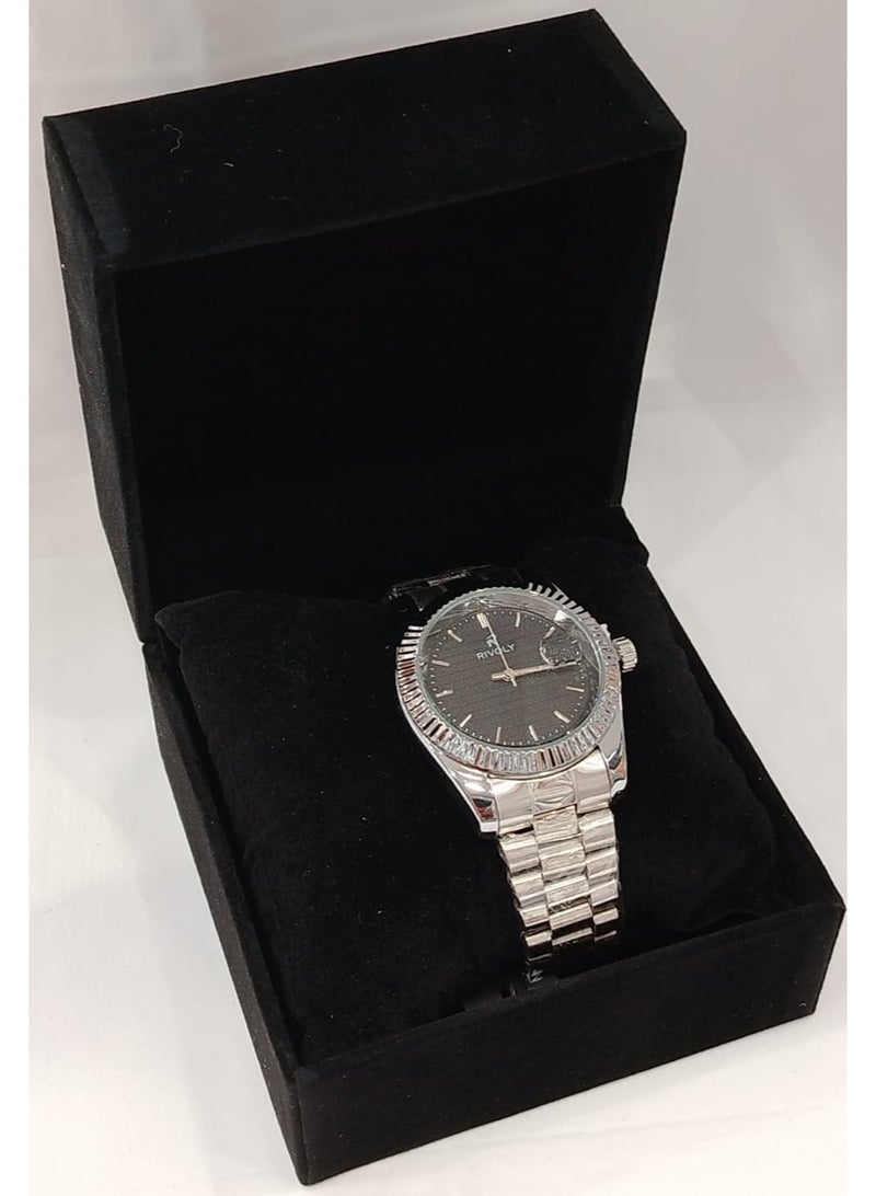 ريفولي ساعة رجالي كلاسيكية أنيقة بسوار ستانلس ستيل ومؤشر تاريخ تصميم راقٍي وجميل