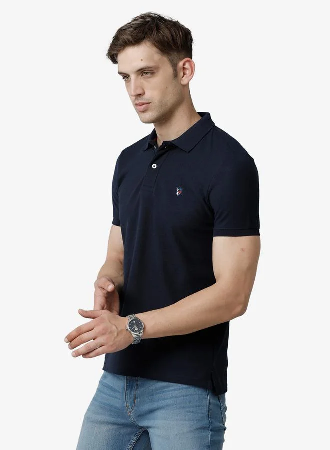 FERVORO Men Navy Blue Plain Cotton Polo