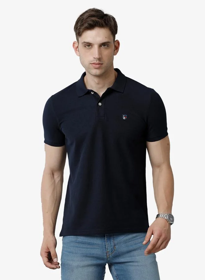 FERVORO Men Navy Blue Plain Cotton Polo