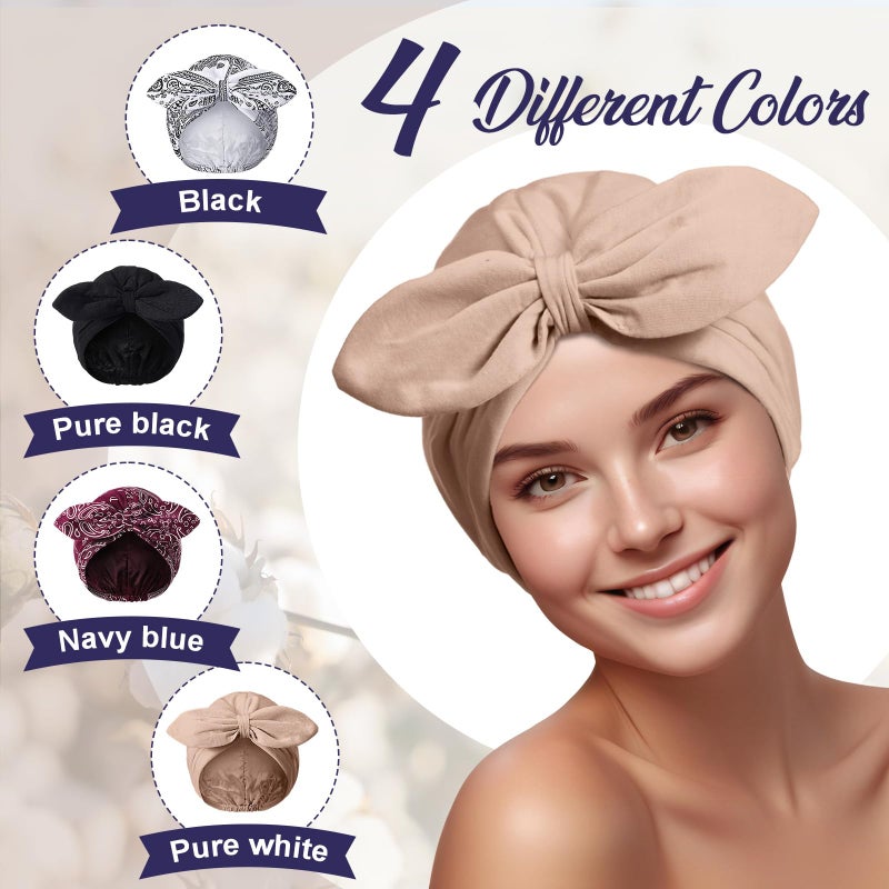 Funtery 4 Pcs Satin Sleeping Bonnet Turban for Women Chemo Satin Bonnet Caps Soft Hair Wrap Slouch Beanie, Shower Cap, Cancer (Mixed Color) - Image 2