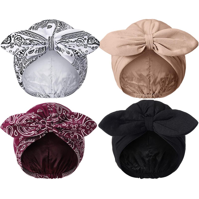 Funtery 4 Pcs Satin Sleeping Bonnet Turban for Women Chemo Satin Bonnet Caps Soft Hair Wrap Slouch Beanie, Shower Cap, Cancer (Mixed Color) - Image 1