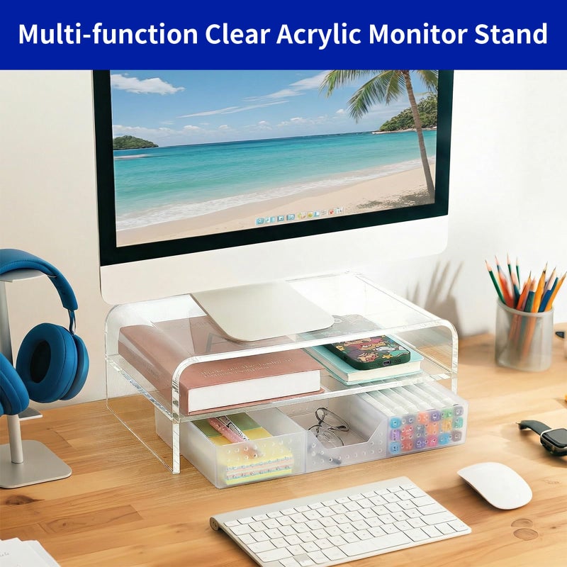 OPNICE Acrylic Clear Desk Organizers and Accessories, 2-Tier Computer Monitor Stand Riser with Drawer, Laptop Stand, Office Desk Accessories for Office Supplies, Transparent - Image 4