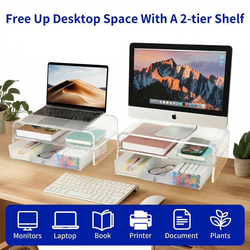 OPNICE Acrylic Clear Desk Organizers and Accessories, 2-Tier Computer Monitor Stand Riser with Drawer, Laptop Stand, Office Desk Accessories for Office Supplies, Transparent - Image 3