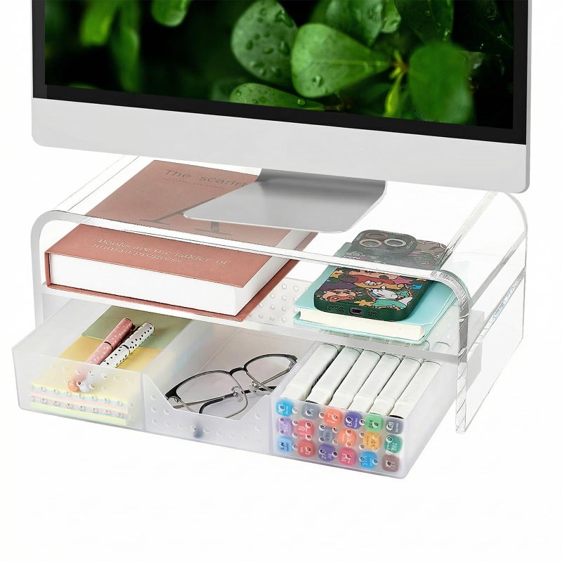 OPNICE Acrylic Clear Desk Organizers and Accessories, 2-Tier Computer Monitor Stand Riser with Drawer, Laptop Stand, Office Desk Accessories for Office Supplies, Transparent - Image 1