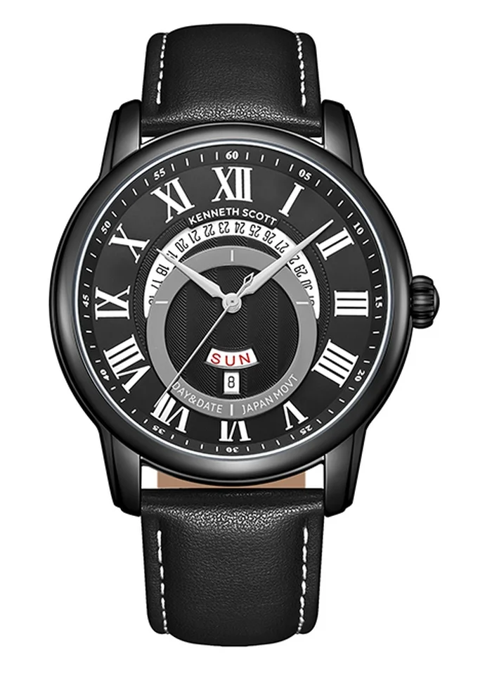 KENNETH SCOTT Kenneth Scott K24020-BLBB Men's Analog Display Watch & Leather  Strap Black